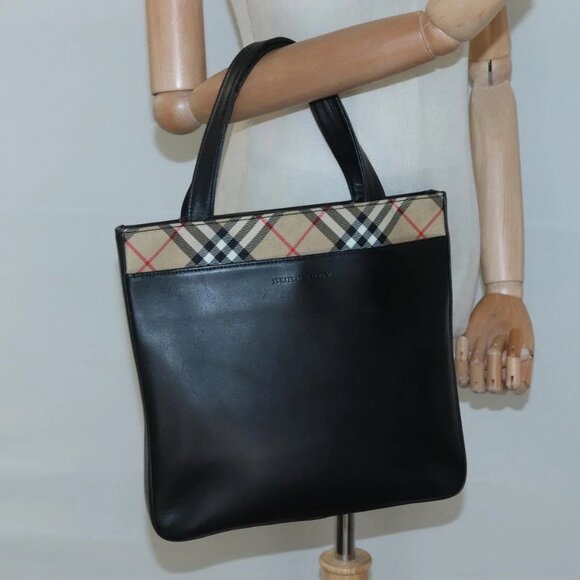 BURBERRY Hand Bag Leather Black Silver Auth - Picture 1 of 16